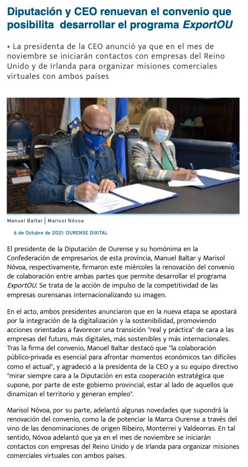 DeputacionOU's tweet photo. ✍🏻 @DeputacionOU y @CEO_Ourense renuevan el convenio que posibilita  desarrollar el programa #ExportOU

• https://t.co/egDjsu8rQA https://t.co/m0jKGnyern