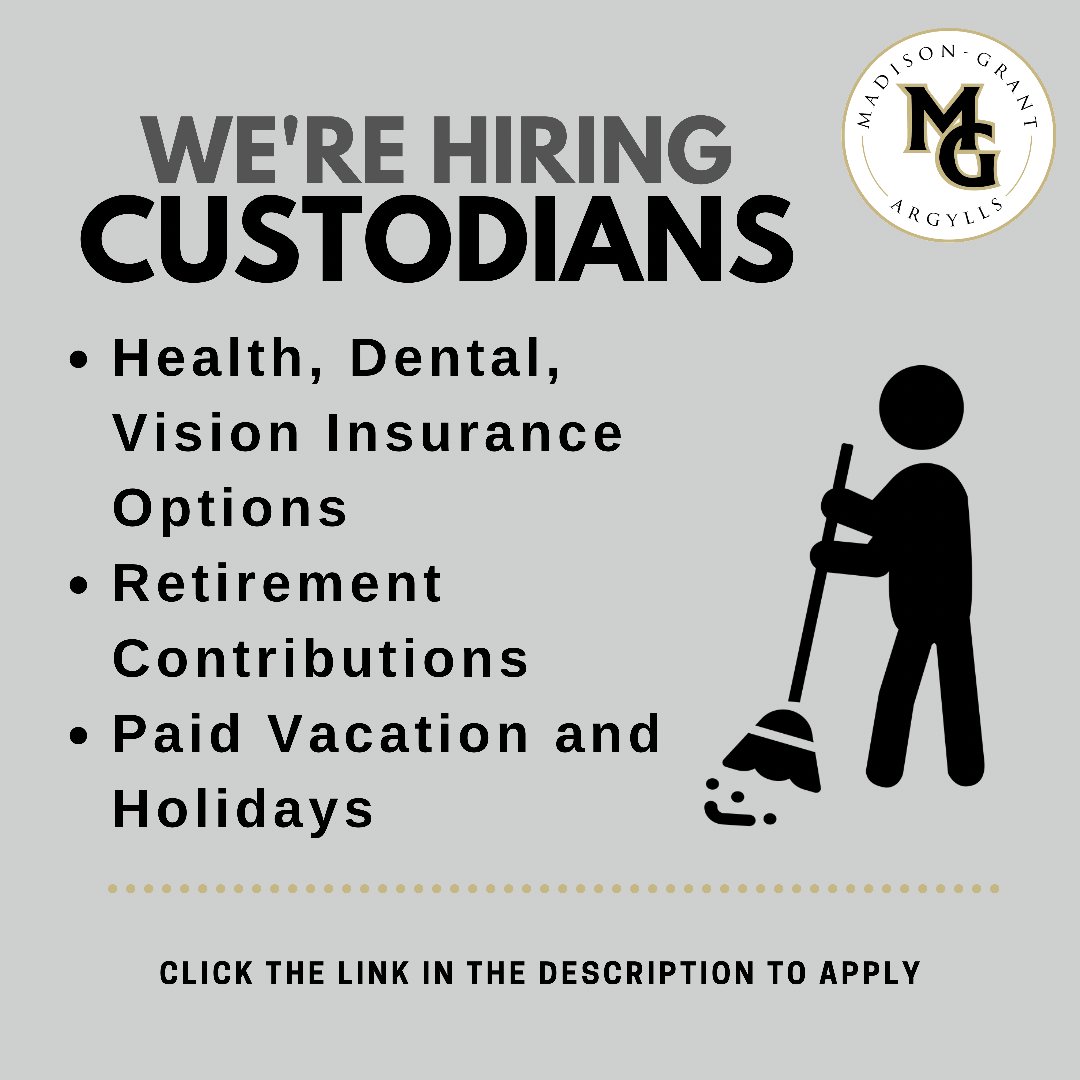 We’re looking for individuals to join our CUSTODIAN team!

Competitive Pay including the following benefits:

- Health, Dental, Vision Insurance Options
- Retirement Contributions
- Paid Vacation and Holidays

Visit this link to apply:

applitrack.com/r8esc/onlineap…

#WeAreMG