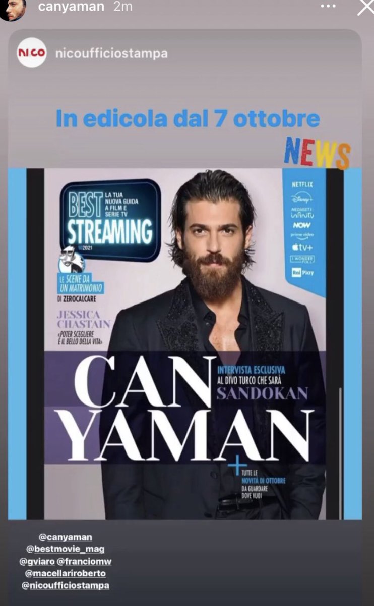 ashrfmo47841799's tweet photo. We support ✍️ #CanYamanBestStreaming
in  #BestMovieItalia 
From today in the Italian 
newsstands 📑 🇮🇹
#CanYaman exclusive interview with “Karin Ebnet” for Best Streaming attached with #BestMovie Magazine of October🇮🇹 https://t.co/QQHUaWk8Qh