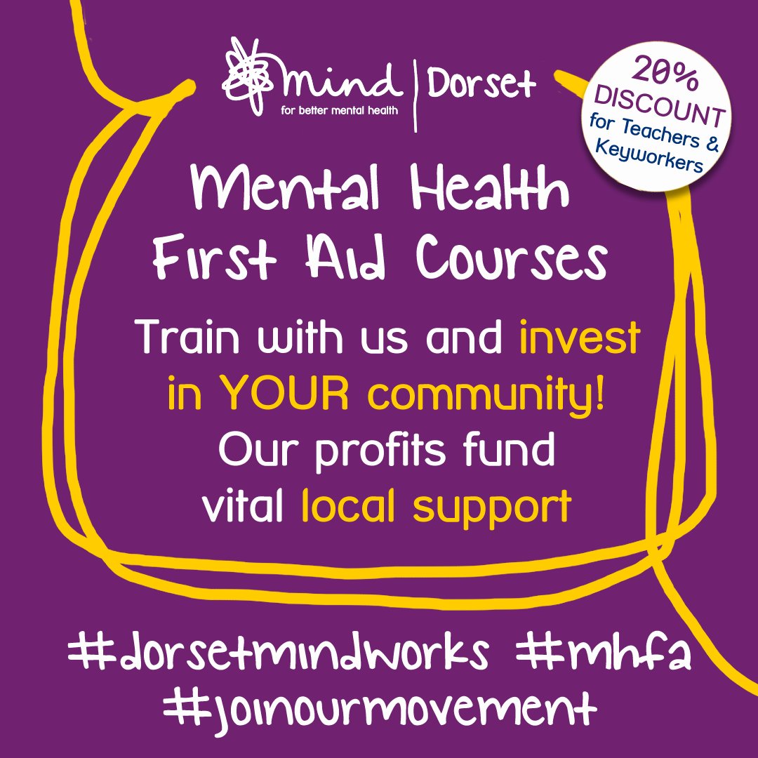‼️ 2 WEEKS LEFT to book your place on our Oct #MentalHealthFirstAid Course ‼️

Dates: 28/29 Oct, 9.30-5.30pm 

Book your place with us: bit.ly/MHFATrainWithUs

#MHFA #MentalHealth #Training #MHFA

<a href="/CEODorsetMind/">CEO At Dorset Mind</a> <a href="/DrAndyMayers/">Dr Andy Mayers💡</a> <a href="/DorsetChamber/">Dorset Chamber</a> <a href="/DorsetCouncil/">Dorset Council</a> <a href="/BCPCouncil/">BCP Council</a>