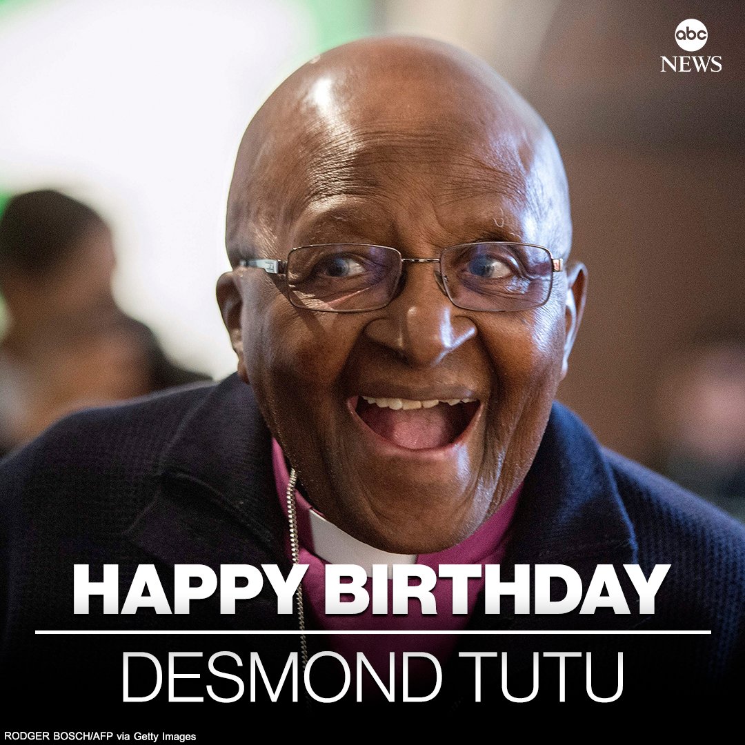 ABC's tweet photo. HAPPY BIRTHDAY: Retired South African Archbishop and Nobel Peace laureate Desmond Tutu is 90 today. https://t.co/EevmxPHP8T https://t.co/8GYtCaKBE4
