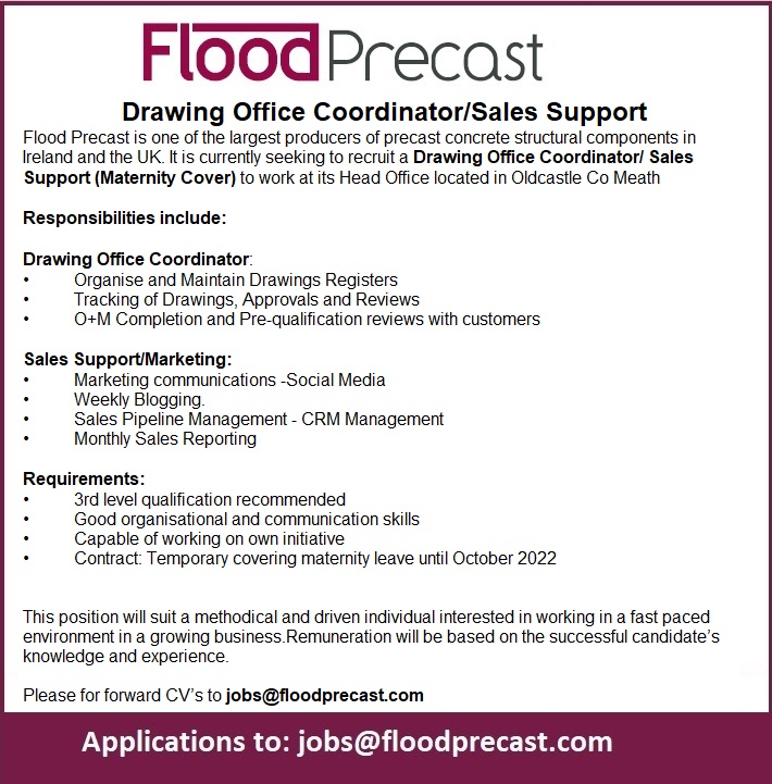 floodprecast's tweet photo. #jobfairy - Drawing Office Coordinator/Sales Support required - please send you CV to us today jobs@floodprecast.com #construction #precast #engineering https://t.co/ljI21h21Aq