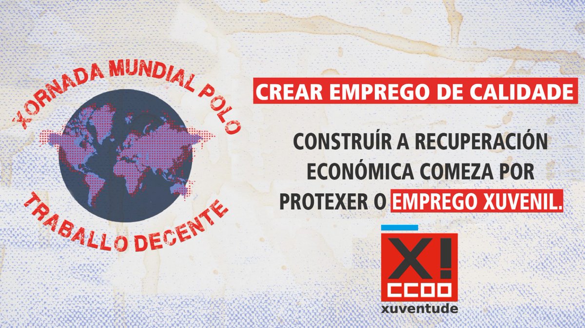 Hoxe, 7 de outubro, é a Xornada Mundial polo Traballo Decente

✊ Construír a recuperación económica comeza por protexer o 𝗲𝗺𝗽𝗿𝗲𝗴𝗼 𝘅𝘂𝘃𝗲𝗻𝗶𝗹❗

#XMTD21 #TraballoDecente #trabajodecente #JMTD21

bit.ly/3uMUXXI