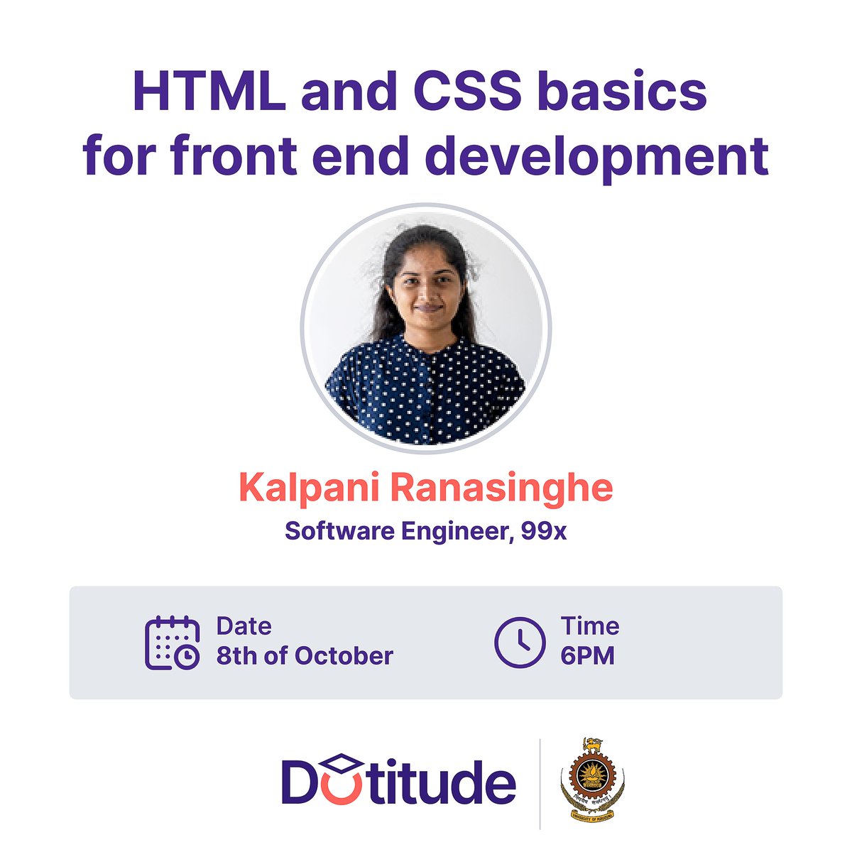 99x_io's tweet photo. #Xian KalpaniR share insights on '#HTML and #CSS basics for front end development' this Friday at the NexUs Webinar series organised by the Rotaract Club of UoM, together with Team #Dotitude @MoratuwaUni https://t.co/pB4YIB9cz1