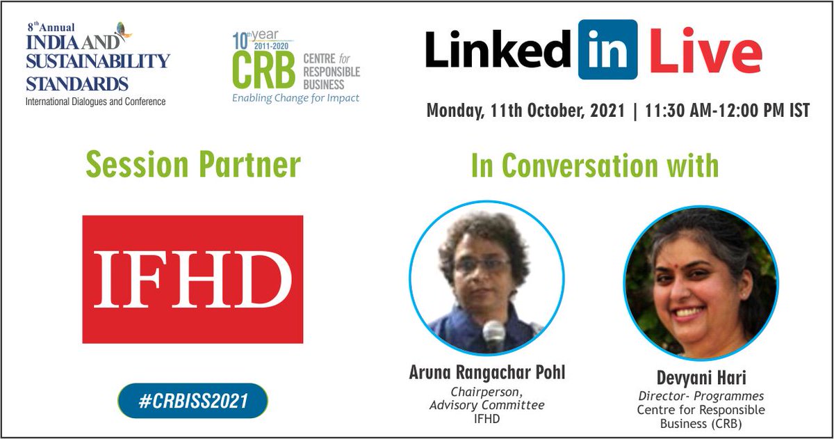 Centre4RespBiz's tweet photo. #LinkedInLive 🚨

In the run up to #CRBISS2021 join @DevyaniHari in conversation with Aruna Rangachar Pohl from IFHD! 

Register now https://t.co/PzW7tl5u7N

📆 11 October, 1130 IST
💻 Virtual https://t.co/yeZxtWutGT