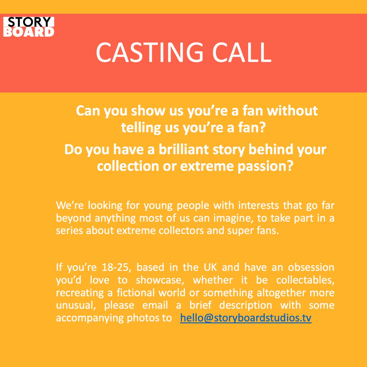 I'm looking for #superfans and #collectors for a new documentary series. If you are aged 18-25 and based in the UK, we want to hear from you! Please RT <a href="/OfficialCastMe/">Cast Me</a>