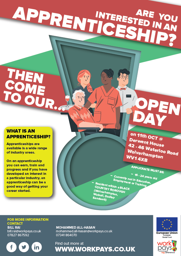 workpays's tweet photo. Aged 16-24, living in the Black Country and interested in an #apprenticeship or #traineeship? If so, our open day is just for YOU! Come down to Derwent House, 42-46 Waterloo Road, Wolverhampton on Monday 11th October and talk to one of the Workpays team! @JCPInTheBC @BCTA_ESIF https://t.co/7sNONfCvEl