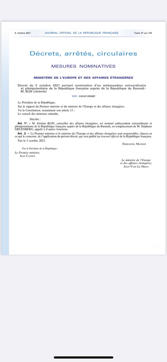 Un grand honneur d’avoir été désigné Ambassadeur de 🇨🇵 au #Burundi 🇧🇮. Je suis heureux de rejoindre prochainement <a href="/franceauburundi/">🇫🇷🇪🇺 La France au Burundi 🇧🇮</a> et #Bujumbura ! 
￼