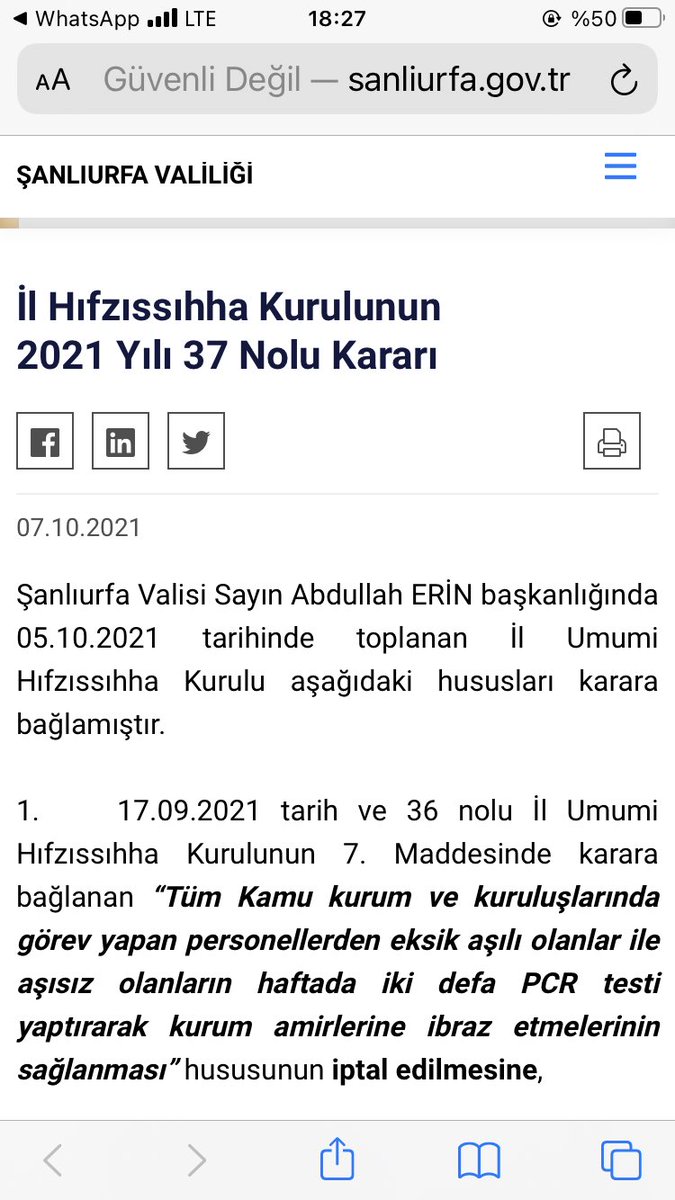 PCR İPTAL KARARI

Şanlıurfa Valiliği bugün itibariyle tüm kamu kurum ve kuruluşlarında zorunlu PCR uygulamasını İPTALine karar verdi.

Hukuksuz uygulamalar Türkiye genelinde iptal edilmeye başlandı.

Emeği geçenleri tebrik ederim. Hayırlı olsun.