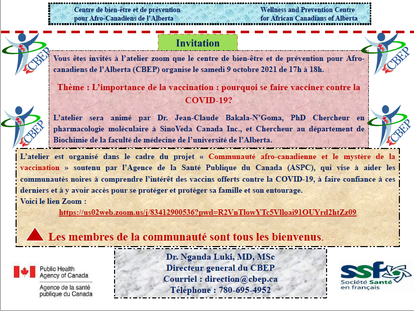 rsaAlberta's tweet photo. À ne pas manquer
9 oct à 17 h - Pourquoi se faire vacciner contre la #COVID-19? offert par le CBEP
Pour se connecter: https://t.co/ufm5cW8sMK

#vaccination #immigrationfr #santé #bienetre #frab #frcan https://t.co/qLvI2cC2Gl