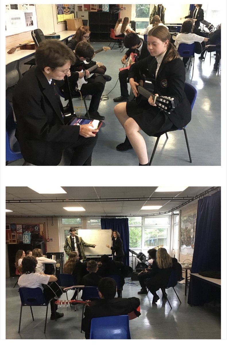 PvaFacultyTMCS's tweet photo. Thursdays are a busy afternoon in Music. Guitar club, with teaching from Sam, Aryan and Tom and Keyboard Club with James and Jacob plus Ms Barnes from @surrey_arts. Sam’s mum even made us all lovely guitar shaped biscuits to enjoy on our way home! https://t.co/DdmCUcwNme