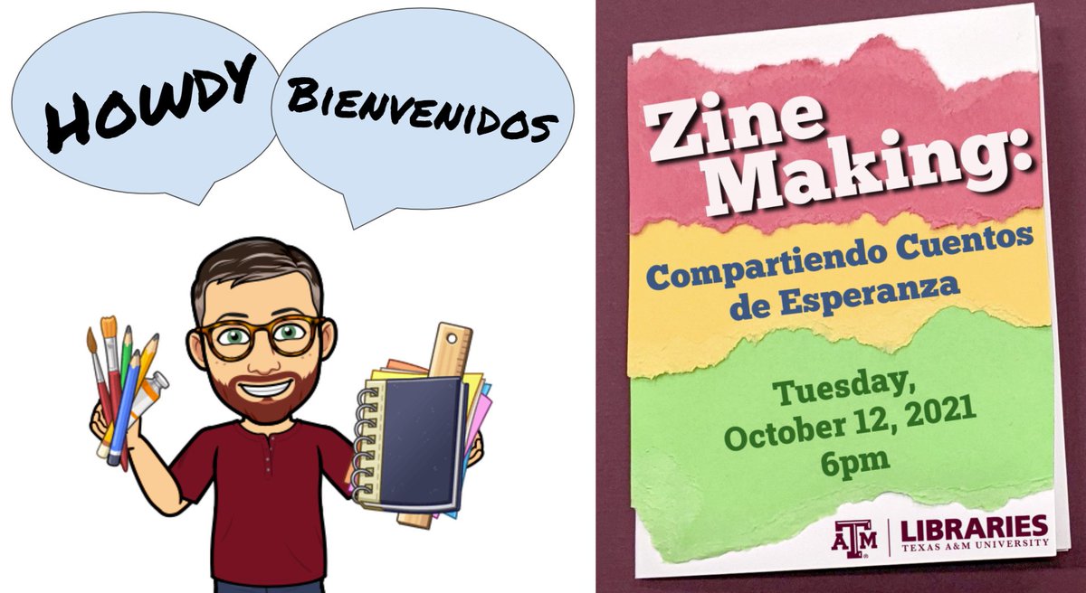 LibraryMedlin's tweet photo. Howdy Ags! Join me for a Zine Making workshop on Tuesday celebrating #HispanicHeritageMonth! 

Register here: https://t.co/RwxtmPHbde

For more information about Hispanic Heritage Month, visit: https://t.co/Nl1xiDPxHm @hpctamu #TAMU https://t.co/JIfo55S3WS
