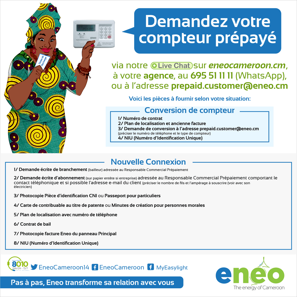 InsideEneo's tweet photo. #ClientInfo | Cher client, vous avez besoin d'un compteur prépayé et vous ne savez pas comment vous y prendre ?
ℹ️ Voici la liste des pièces à fournir pour obtenir un Compteur Prépayé. https://t.co/AR3vh1c6I3