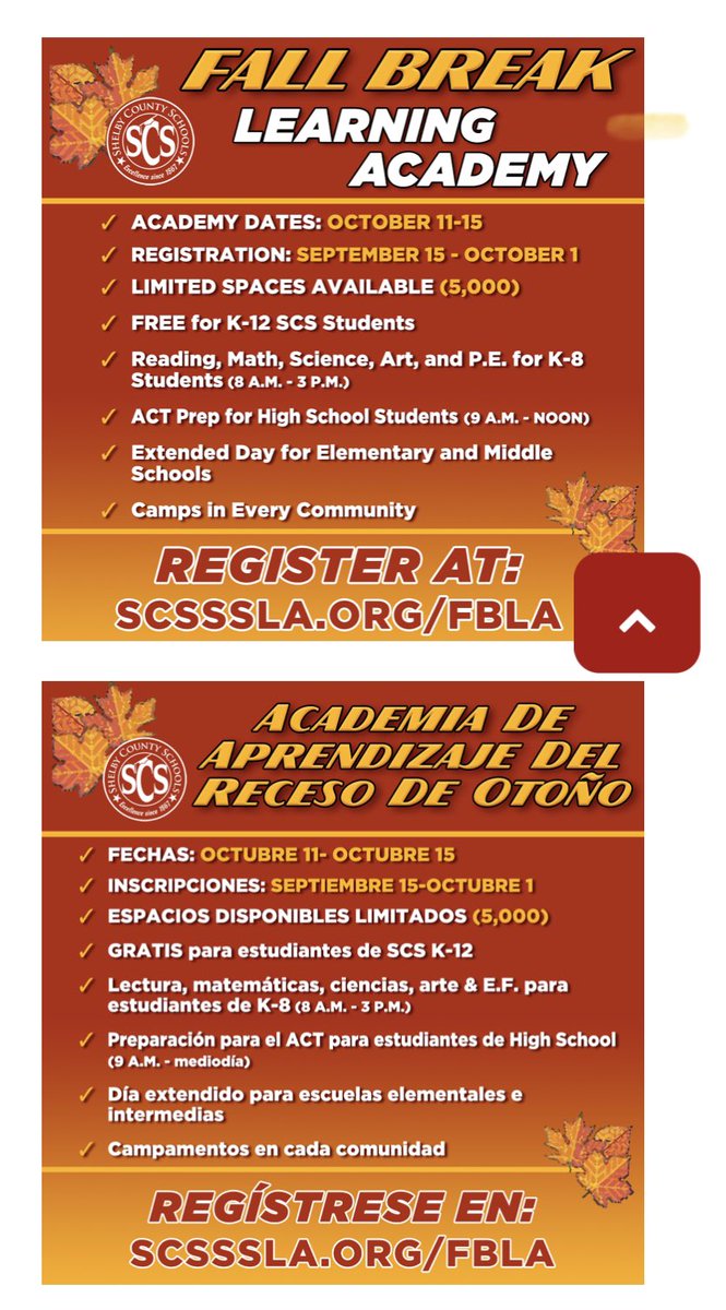 Good News! Fall Break Learning Academy is October 11-15. Students will receive additional enrichment and support while spending time in a fun and creative learning environment.

Registration has been extended until 8:00 am October 8, 2021. Register Here: scssla.org/fbla
