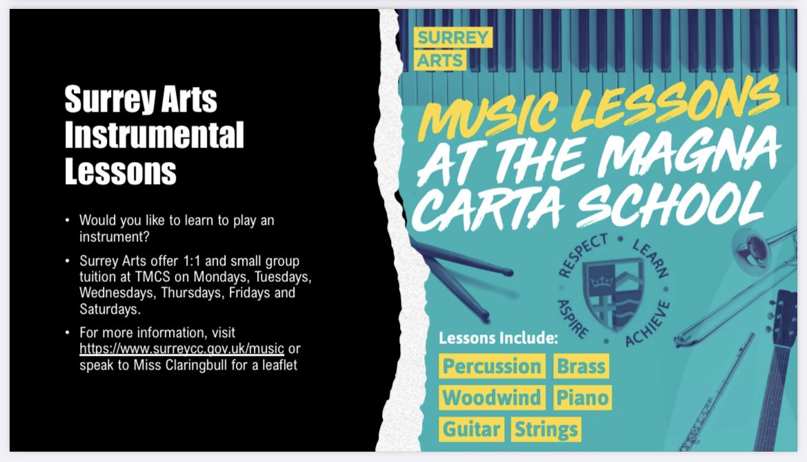 It’s great to be back doing extra curricular again and there’s lots now happening in Music. Drum club starts on Wednesday too, in addition to everything detailed below! <a href="/MagnaCartaSch/">Magna Carta School</a> students please do get involved! See Miss Claringbull (<a href="/hclaringbull/">Helen Claringbull</a>) for more information!