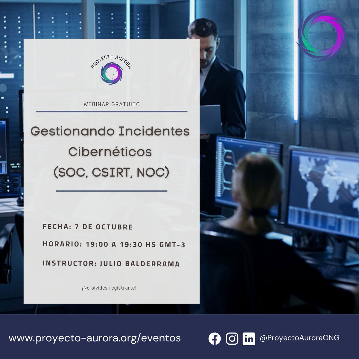 P_AuroraONG's tweet image. 📢Los esperamos para nuestro webinar gratuito👇🏻
"Gestionando Incidentes Cibernéticos (#SOC, #CSIRT, #NOC)"

🔴#HOY jueves 7 de octubre.

⏳19:00 hs GMT-3 (horario de Argentina).
🗣Por @juliobalderrama

Inscribite ahora⬇️
proyecto-aurora.org/eventos

¡No te lo pierdas!

#CyberSecMonth