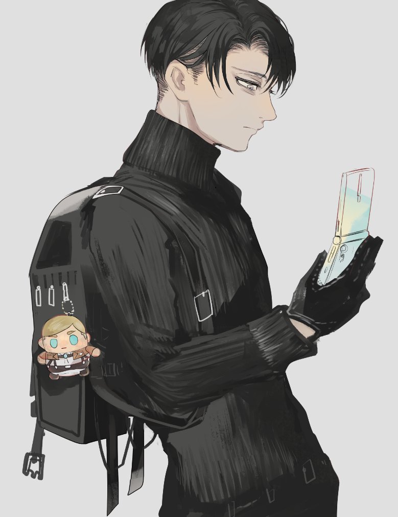 levi (shingeki no kyojin) male focus 1boy gloves phone black gloves cellphone black hair  illustration images