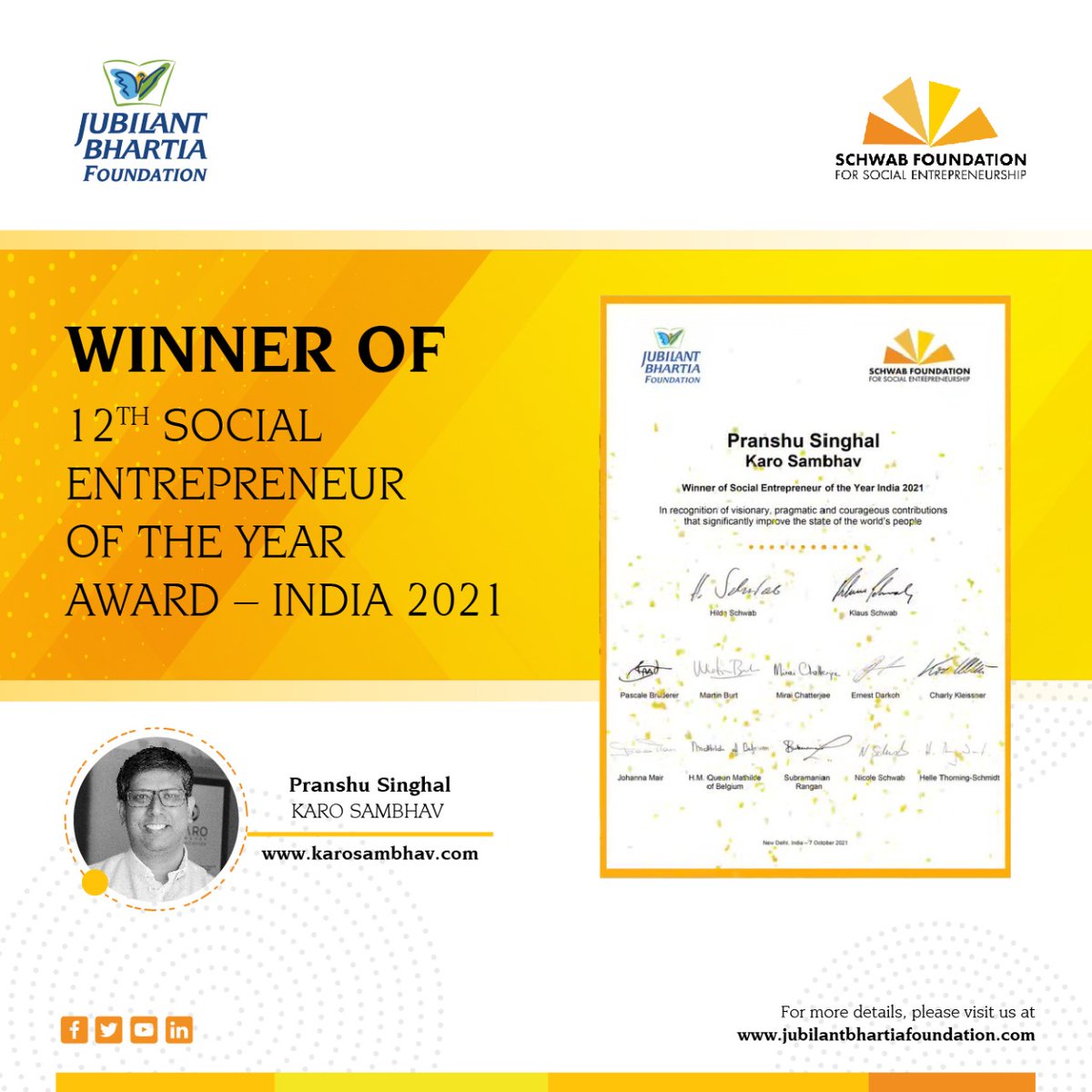Karo Sambhav (@karosambhav) on Twitter photo We are overwhelmed to win the prestigious
<a href="/indiaseoy/">SEOY India</a> Award 2021. We thank one and all who have supported & believed in us, the jury, the special guests for the ceremony and the organisers of this award, <a href="/schwabfound/">Schwab Foundation for Social Entrepreneurship</a> & <a href="/BhartiaJubilant/">Jubilant Bhartia Foundation (JBF)</a> We are overwhelmed to win the prestigious
<a href="/indiaseoy/">SEOY India</a> Award 2021. We thank one and all who have supported & believed in us, the jury, the special guests for the ceremony and the organisers of this award, <a href="/schwabfound/">Schwab Foundation for Social Entrepreneurship</a> & <a href="/BhartiaJubilant/">Jubilant Bhartia Foundation (JBF)</a>