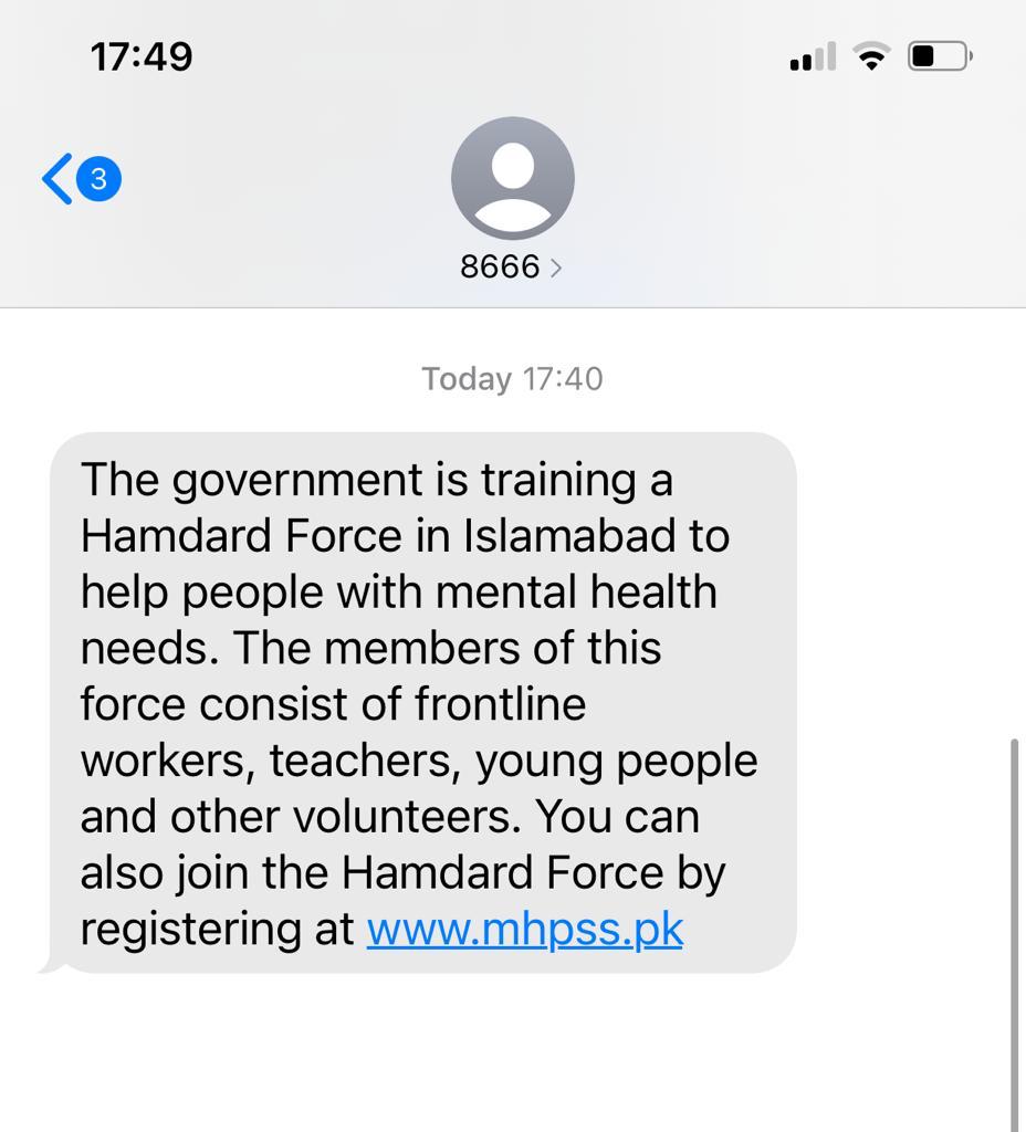 AsmaHumayun's tweet photo. Gratifying to see months of hard work being channelled into action: first bulk SMS on introducing mental health outreach through #HamdardForce sent out today to 2100 community and frontline workers in Islamabad. https://t.co/5LKdTmKEqa