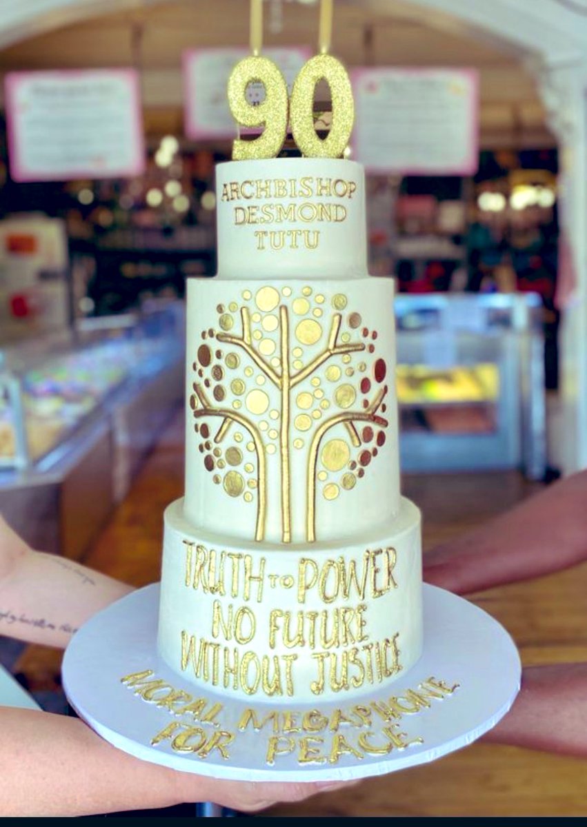 “A Moral megaphone for Peace” This 👇🏾elegant and beautiful cake made by Charly’s Bakery celebrates Archbishop Tutu’s 90th birthday with a powerful message. #HappyBirthdayDesmondTutu