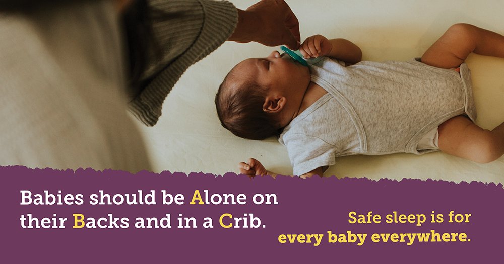 The ABCs of safe sleep are simple and easy. Babies should be Alone, on their Back, in a Crib. You don’t need fancy equipment to make sure baby is sleeping safely — just a firm, flat surface without any bumpers, soft bedding, or stuffed toys. #SafeSleepMonth #SIDSAwarenessMonth