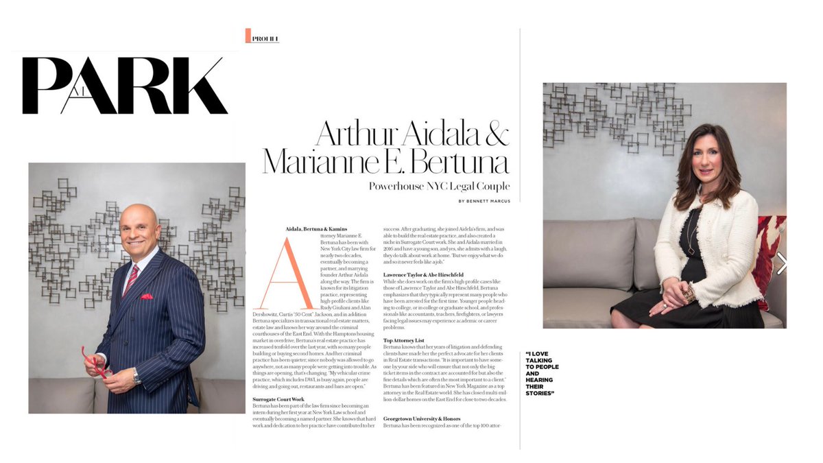 @ABKLawNYC Partners (In law and life!) @ArthurAidala and Marianne E. Bertuna are featured in Park Magazine.

Read the profile here: parkmagazineny.com/marianne-e-ber…

#ParkMagazineNY #AidalaBertunaKamins #NYLawFirm #NYAttorney #NYC #Profile