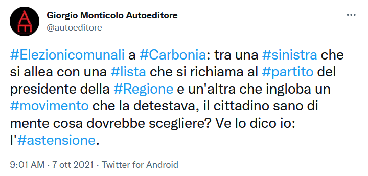 NonVoto1's tweet photo. #astensione #Elezionicomunali  #Carbonia
"cittadino sano di mente" https://t.co/k8Kpwj5hRy