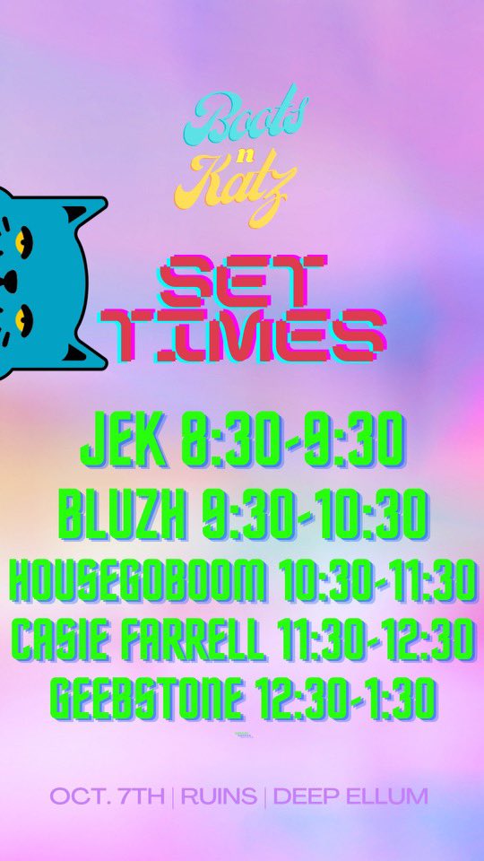 The 2nd edition of <a href="/BootKatz/">Boots n Katz</a> is tonight in Dallas!

Feat:
<a href="/tynas_world/">bluzh</a> 
<a href="/casiefarrell12/">DJ Casie Farrell</a> 
<a href="/geebstone/">Geebstone</a> 
<a href="/house_boom/">HouseGoBoom</a> 
JEK

Everything house music @ Ruins in Deep Ellum💃🕺All are welcome here 🌈 🎫 bootsnkatz.Eventbrite.com