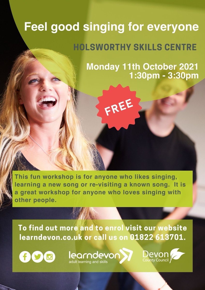 DartmoorMAT's tweet photo. FREE Learn Devon course 'Feel good singing for everyone'. Come along Monday 11th Oct 1:30-3:00pm at Holsworthy College. Visit https://t.co/pvyAp34Oph #Holsworthy #LearnDevon #Devon #DMAT https://t.co/ex6dwiyGCR