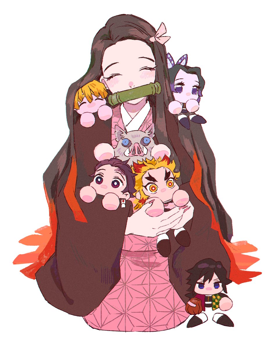 kamado nezuko ,kamado tanjirou japanese clothes gag pink kimono black hair haori 1girl multiple boys  illustration images