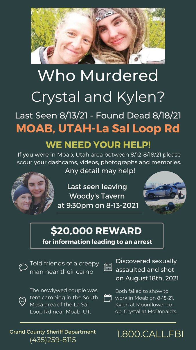 hopeallison's tweet photo. Please help spread the word to find video &amp; pics from Aug 12-18 in #Moab #Utah to find who killed newlyweds #KylenSchulte &amp; #CrystalTurner when they were tent camping with their bunny. Kylen worked at Moonflower. *** #GabbyPetito #BrianLaundrie https://t.co/QtUVKsLHh2
