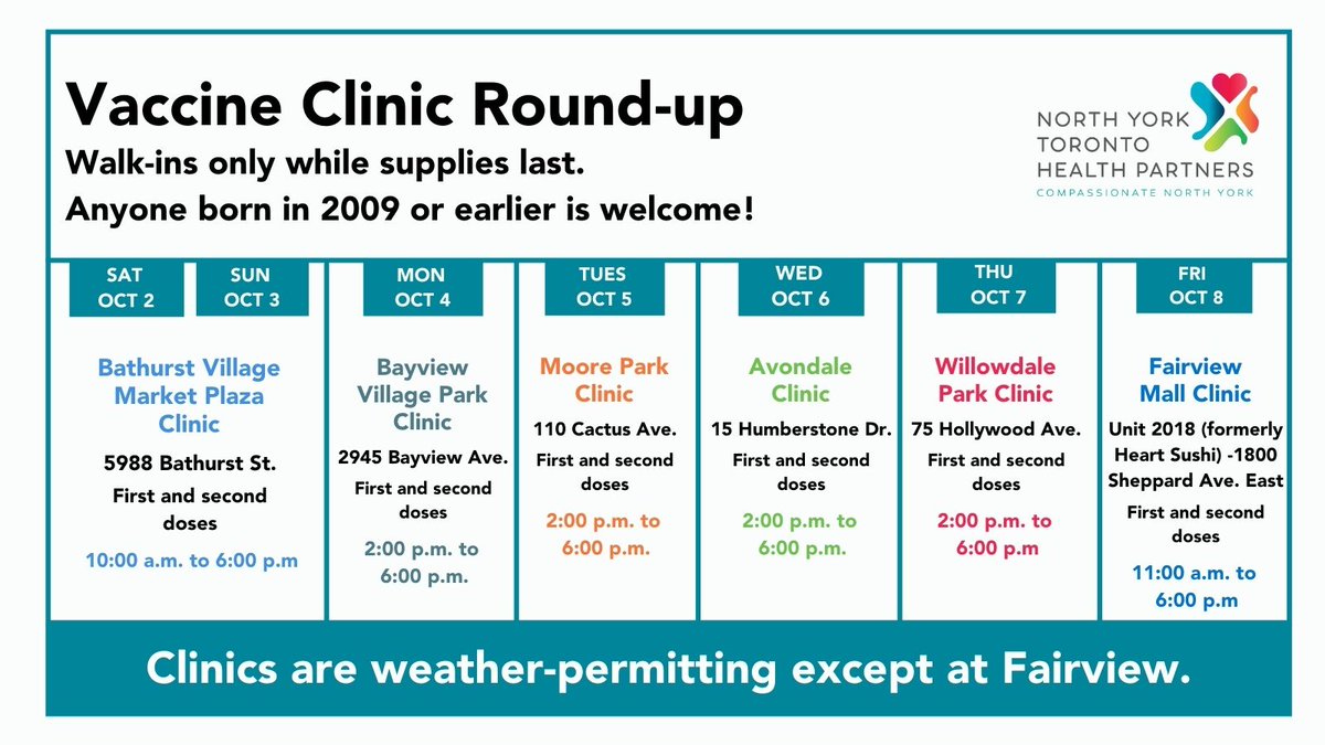 John Filion (@johnfilionto) on Twitter photo If you still need your first or second COVID vaccine, head to the Willowdale Park clinic (75 Hollywood Ave)! Open to anyone born in 2009 or earlier. Thanks to North York General (<a href="/nygh_news/">North York General</a>) for coordinating! #teamtoronto #covidvaccine #vaccinateTO If you still need your first or second COVID vaccine, head to the Willowdale Park clinic (75 Hollywood Ave)! Open to anyone born in 2009 or earlier. Thanks to North York General (<a href="/nygh_news/">North York General</a>) for coordinating! #teamtoronto #covidvaccine #vaccinateTO