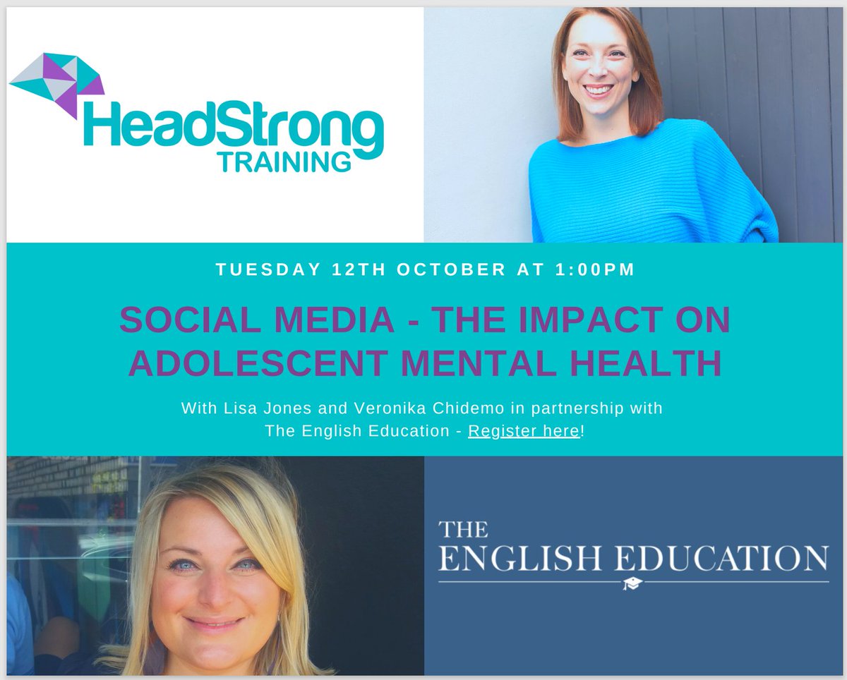 Social Media - has it added insult to injury over the past 18+ months &amp; what is its impact on adolescent mental health? Join <a href="/HeadStrong_Ltd/">HeadStrong Training®</a>, <a href="/TheEngEducation/">The English Education</a> and me on Tuesday at 1pm BST on our interactive webinar to find out more. us02web.zoom.us/meeting/regist…