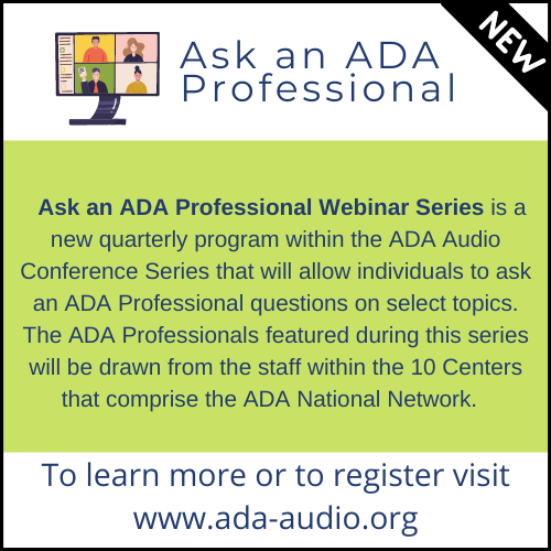 NWADACenter's tweet photo. HYBRID WORK, FACE COVERINGS & VACCINATIONS is Wed. October 13 as part of the new ASK AN ADA PROFESSIONAL series. Get your questions answered by experts from the 10 ADA National Network Centers. Info & registration: https://t.co/9iDSt1Wrcx
#ADANN #ADAAudio #NDEAM #ADAEmployment https://t.co/KZuIwLqZzQ