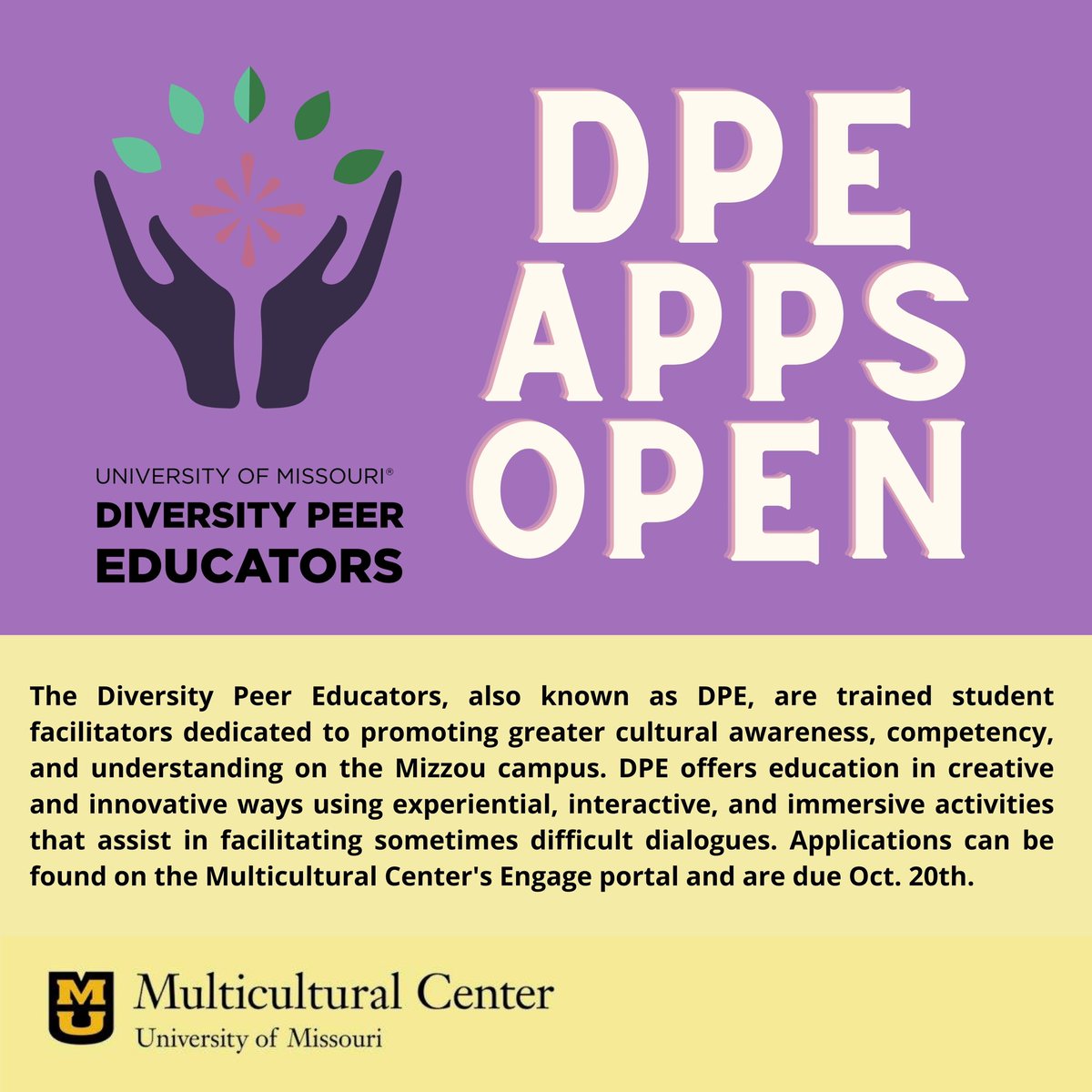 MU_DPE's tweet image. Applications are open until October 20! Feel free to also join our open general body meeting next Wednesday, October 13 at the Women&apos;s Center. We will talk about intimate partner violence in Alaska and why it may be higher.
