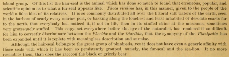 I love a good academic soapbox rant: here is Henry W. Elliott in 1882, complaining that the public assumes that all #pinnipeds look like harbor seals. [from "Seal-Islands of Alaska"]