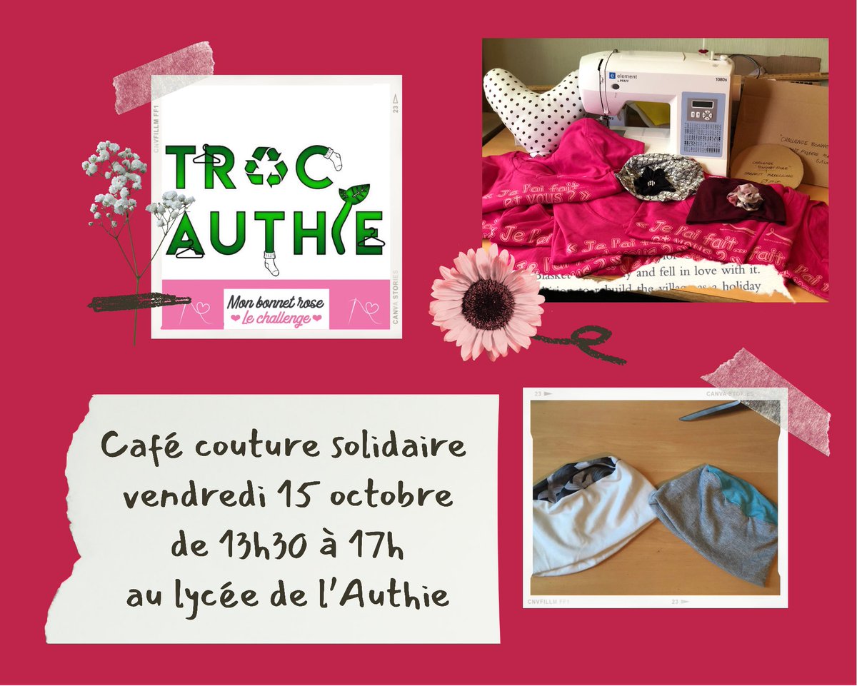 stssauthie's tweet photo. Troc’Authie organise un café couture solidaire avec les parents du @LyceeAuthie Objectif : coudre ensemble, dans des 👚 recyclés, un maximum de #bonnetsroses pour des femmes malades du cancer du sein. #OctobreRose #solidarite #edd #recyclage https://t.co/ntSsA5G3qu