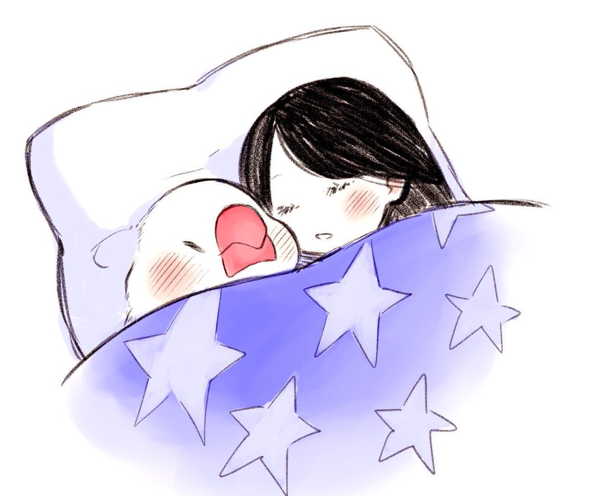 1girl blush closed eyes black hair sleeping pillow under covers  illustration images