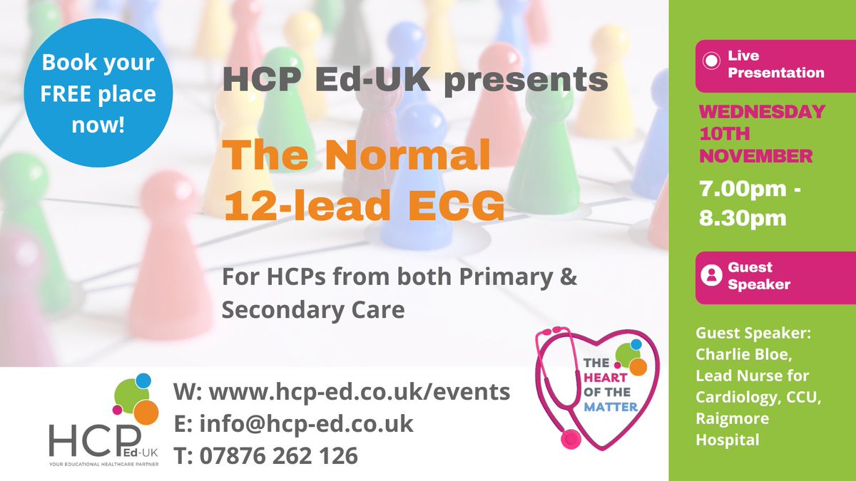 SPEAKER CONFIRMED!! 

Charlie Bloe Lead Nurse for Cardiology, CCU, Raigmore Hospital will be joining us to help you to identify the appearances of a normal 12-lead ECG.

Wednesday 10th November 2021 at 7:00pm - 8:30pm via Zoom 

Find out more here: hcp-ed.co.uk/event/the-hear…