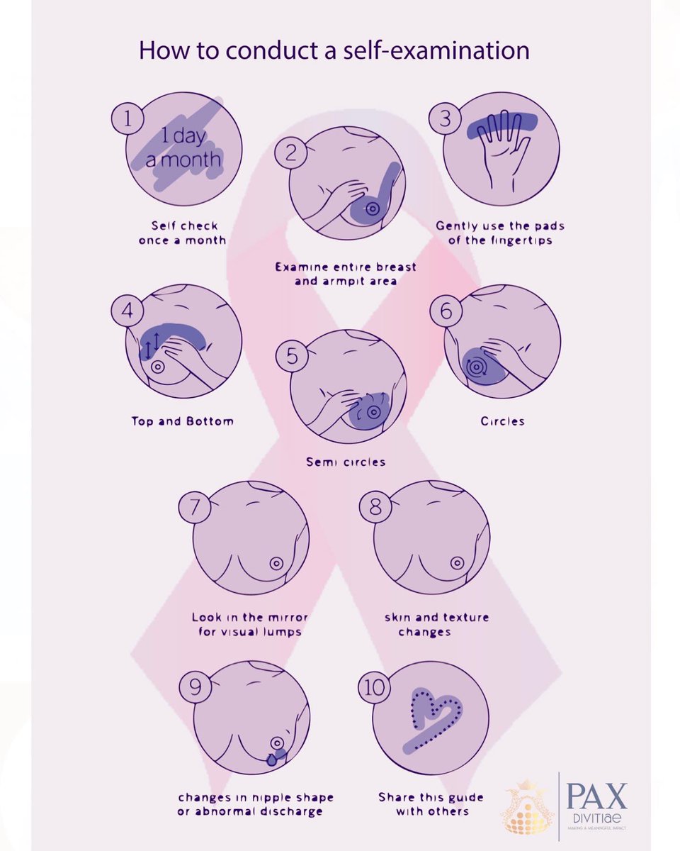pax_divitiae's tweet photo. October is Breast Cancer Awareness month. π
In honour of the month, this weekβs #GetToKnowPax encourages all to conduct a self-examination using the guideline on the second image.
#October #breastcancerawarenessmonth https://t.co/uJIAOlw1tx
