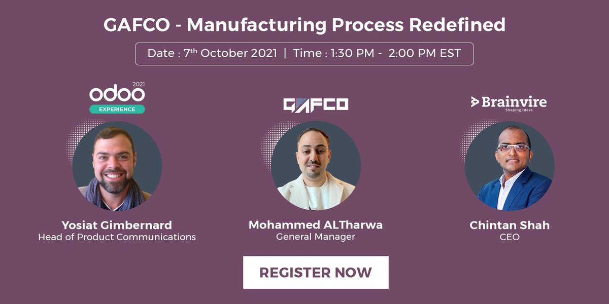 Brainvire's tweet image. Chintan Shah, CEO of Brainvire will be sharing insights on how we redefined the manufacturing process for GAFCO-a leading Gulf air filter company in Odoo Experience 2021.

Register today to gain the most from this conversation: bit.ly/3abDmiU

#OdooExperience2021 #Odoo