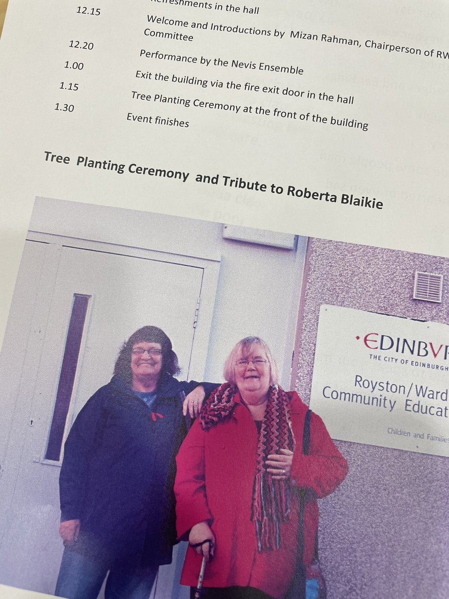 RoystonWardieCC's tweet photo. Today we’re having the Tree Planting Ceremony &amp; Tribute to Roberta Blaike, a great community activist in the local area. Great music &amp; poetry by Nevis Ensemble. RWCC chair @MizanSRG welcome audience at the centre opened after long covid closure… 12-2pm https://t.co/5MWIj4z9Ai