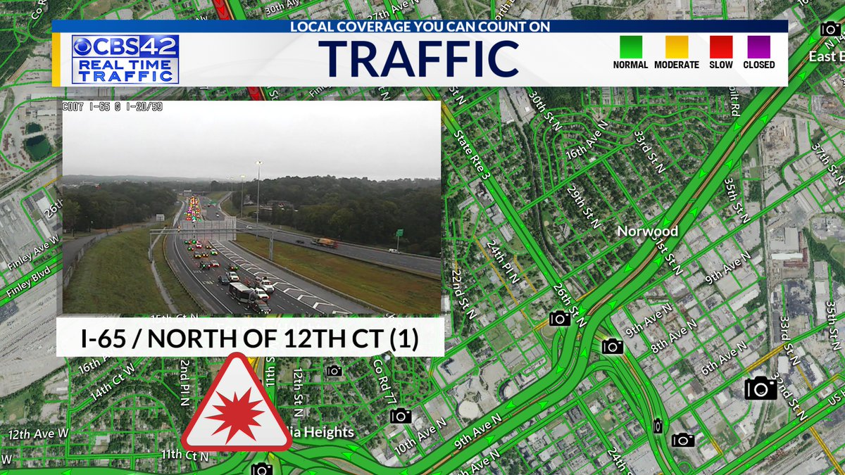 A look at the slow going traffic coming into Birmingham on I-65 SB leading up to an accident at I-59/20- lanes are closed and delays are a given at the moment. It's a good idea to add a few extra minutes to your Thursday commute! @cbs_42