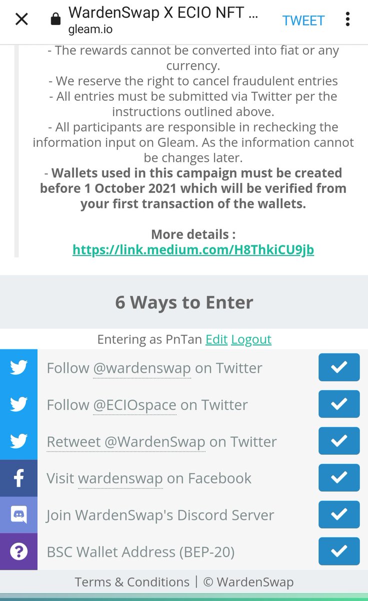 PitaksitN's tweet photo. @WardenSwap @ECIOspace @fishkung3 @colocoloz @dachathorn Completed. Waiting for the airdrop. https://t.co/WJ2odxZdWy