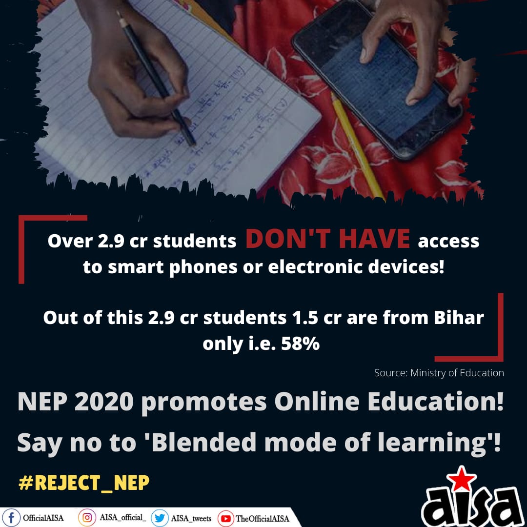 AISA_tweets's tweet photo. 29 million students DON'T HAVE access to smartphones or any electronic devices! Yet this Government is shamelessly promoting Online Education in the name of NEP 2020. IT is a blatant attack on marginalized communities.

#RejectNEP2020! https://t.co/kdwkYgKLUA
