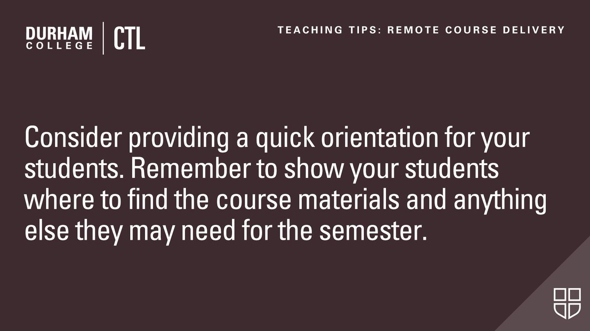 TheDCCTL's tweet photo. In this #TeachingTip for #RemoteDelivery: Consider providing a quick orientation for your students. Remember to show your students where to find the course materials and anything else they may need for the semester. #CTLTips https://t.co/Ri6hlcA17h
