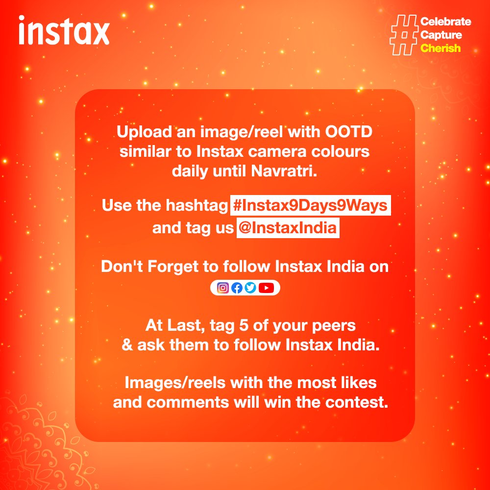 IndiaInstax's tweet photo. The #9days of Navratri are everything but basic. Take part in #Instax9days9ways #contest and match the spirit of the 9 days #extravaganza. Be a part of the 9 days with #9colours of Instax to match the spirit of #Navratri in 9 chic ways and a #chance to #win Mini 9 gift box. https://t.co/GeauZNtypu