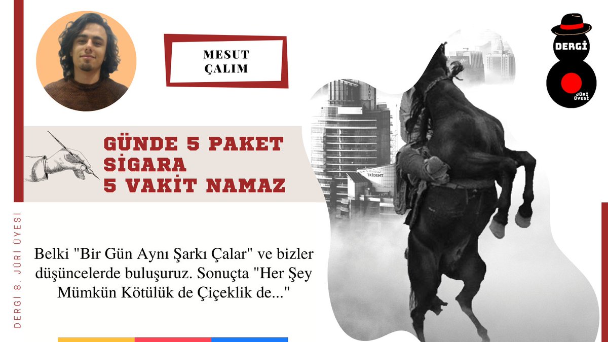 Dergi8juri's tweet photo. Mesut Çalım: "Belki "Bir Gün Aynı Şarkı Çalar" ve bizler düşüncelerde buluşuruz. Sonuçta "Her Şey Mümkün Kötülük de Çiçeklik de..."

🔗 https://t.co/AKrsb1GdV6

#rap #Muzik https://t.co/fVmY4T6zLS