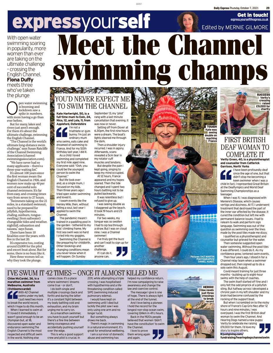 FionaDuffyWrite's tweet photo. So what's it really like to swim the Channel? My article, featuring three amazing women - including the incredible @chloemccardel (who has just equalled the world record for single crossings), is in today's Daily Express. @Daily_Express https://t.co/6iPJ45hedt