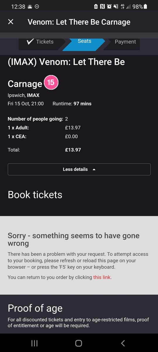 Th3Darkcop's tweet photo. @cineworld I'm trying to book tickets on the website to see Venom with a CEA + Adult but everytime I try it keeps on saying - Error Adding Tickets: Recognition limit reached - Please help. The app also doesn't work as it keeps on failing to go through https://t.co/HTJcXjGgZK